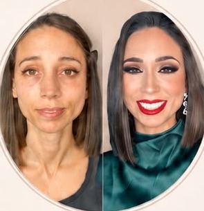 Antes e depois de maquilhagem festiva com lábio vermelho